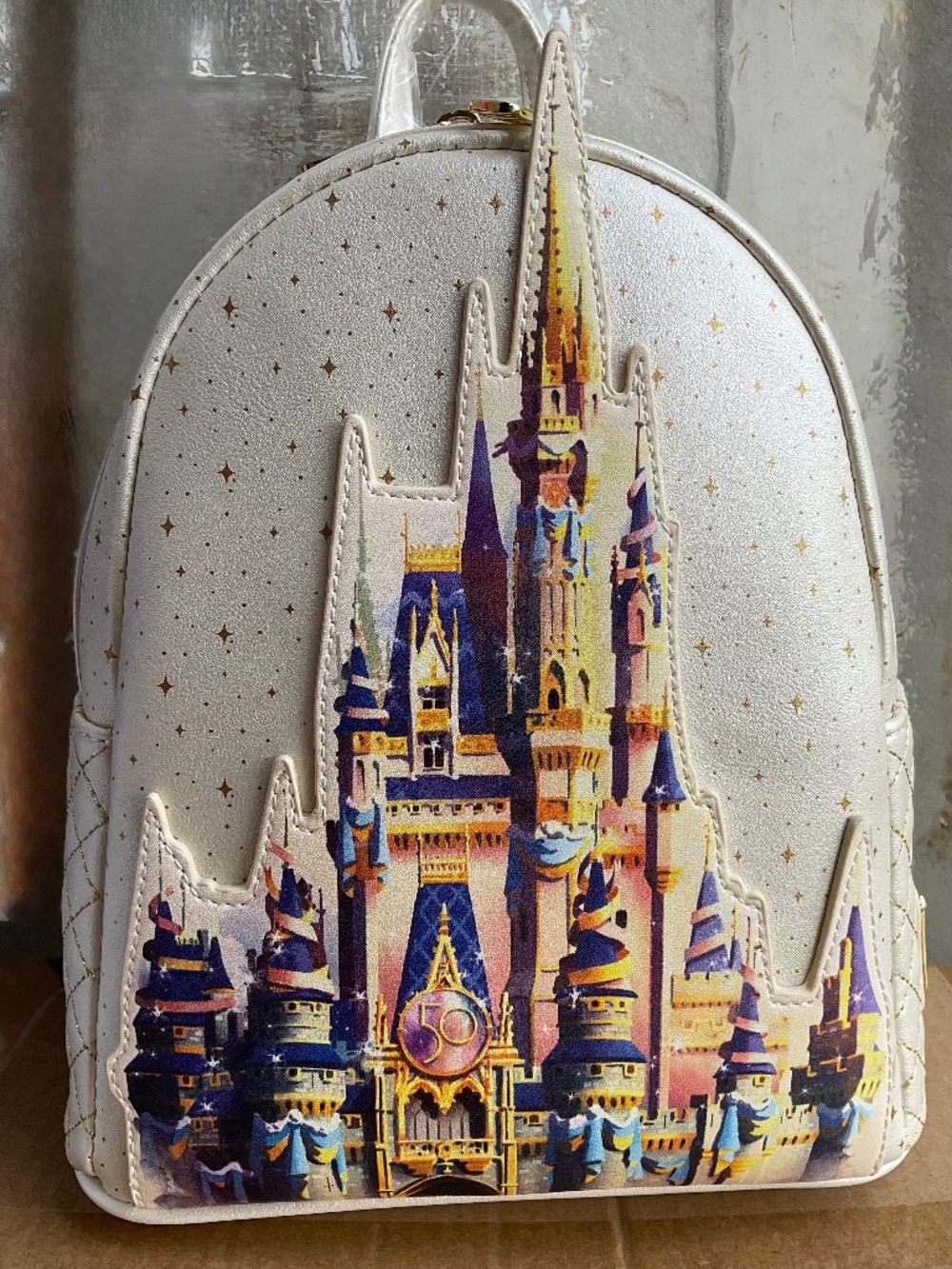 LOUNGEFLY 50TH ANNAVERSARY CINDERELLA CASTLE BACKPACK RETIRED NWT .
